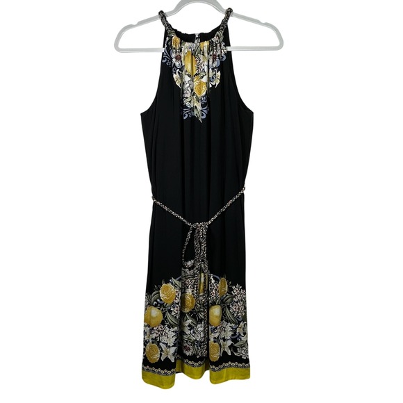 White House Black Market Lemon Floral Halter Dress Black Yellow XS Braided Belt